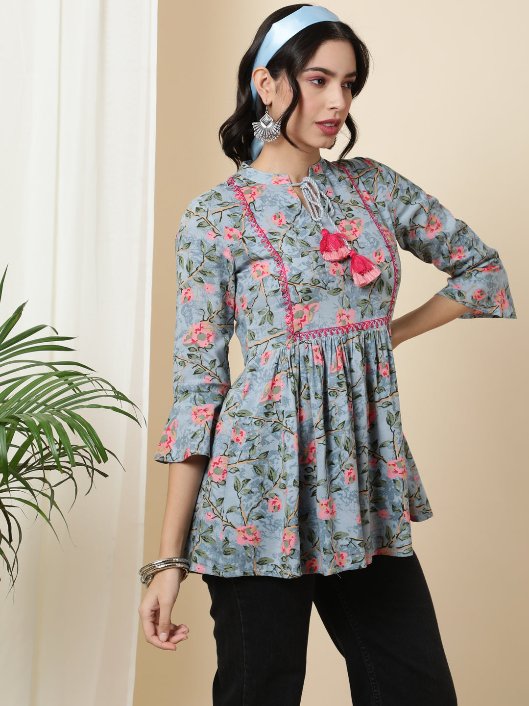 Rayon  Short Length Length Printed  3/4 Sleeve Mandarin  Top (Preorder)