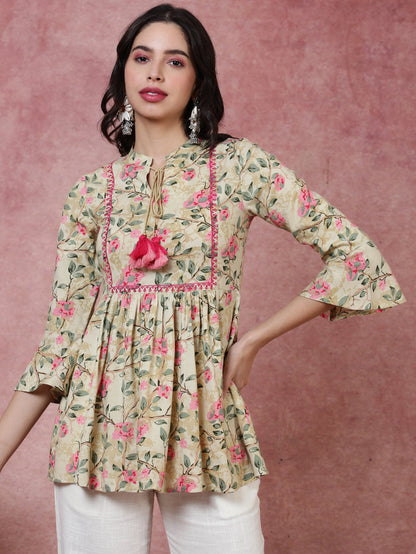 Rayon  Short Length Length Printed  3/4 Sleeve Mandarin  Top (Preorder)