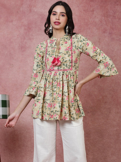 Rayon  Short Length Length Printed  3/4 Sleeve Mandarin  Top (Preorder)