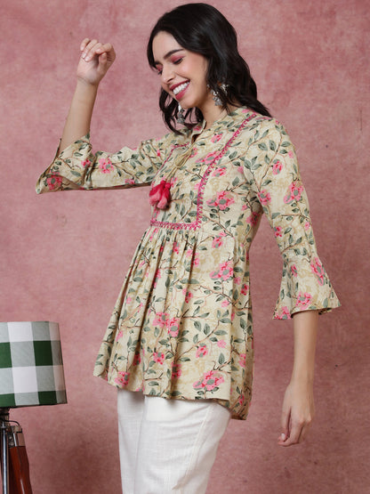 Rayon  Short Length Length Printed  3/4 Sleeve Mandarin  Top (Preorder)