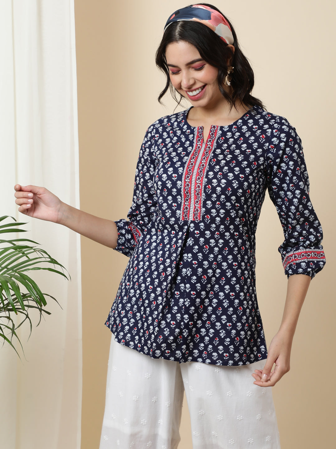 Cotton  Short Length Length Printed  3/4 Sleeve Mandarin  Top (Preorder)