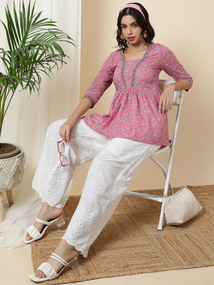 Cotton  Short Length Length Printed  3/4 Sleeve Square  Top (Preorder)