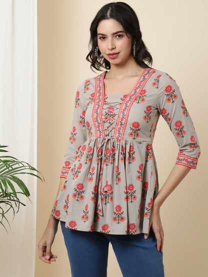 Cotton  Short Length Length Printed  3/4 Sleeve Square  Top (Preorder)