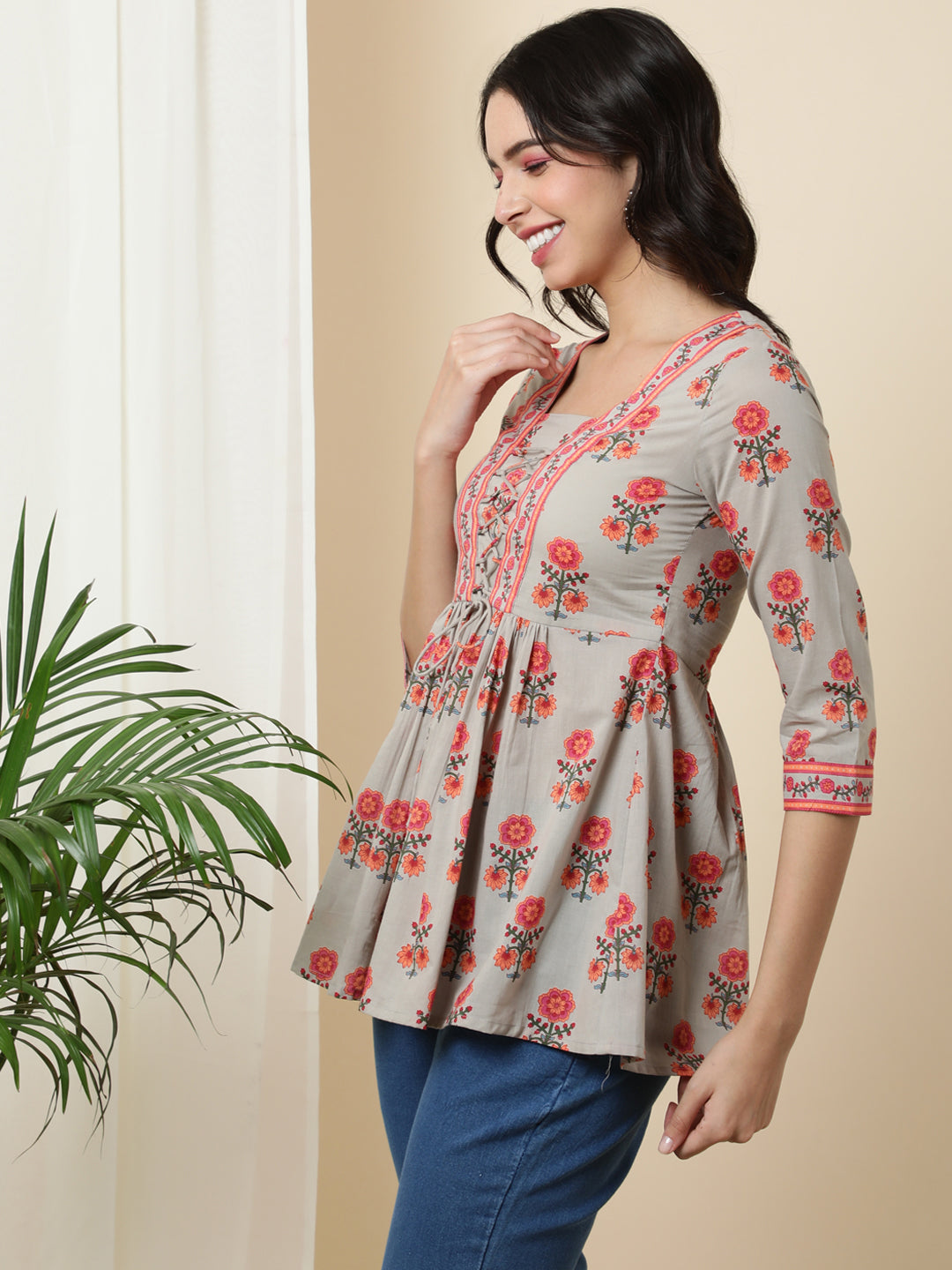 Cotton  Short Length Length Printed  3/4 Sleeve Square  Top (Preorder)