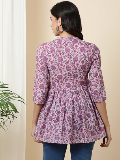 Cotton  Short Length Length Printed  3/4 Sleeve Coller  Top (Preorder)