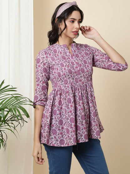 Cotton  Short Length Length Printed  3/4 Sleeve Coller  Top (Preorder)