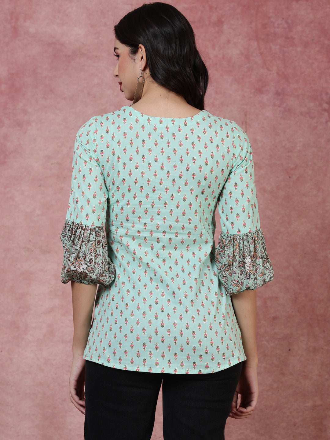 Cotton  Short Length Length Printed  3/4 Sleeve Square  Top (Preorder)