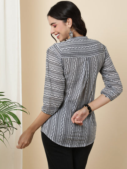 Rayon  Short Length Length Printed  3/4 Sleeve Mandarin  Top (Preorder)