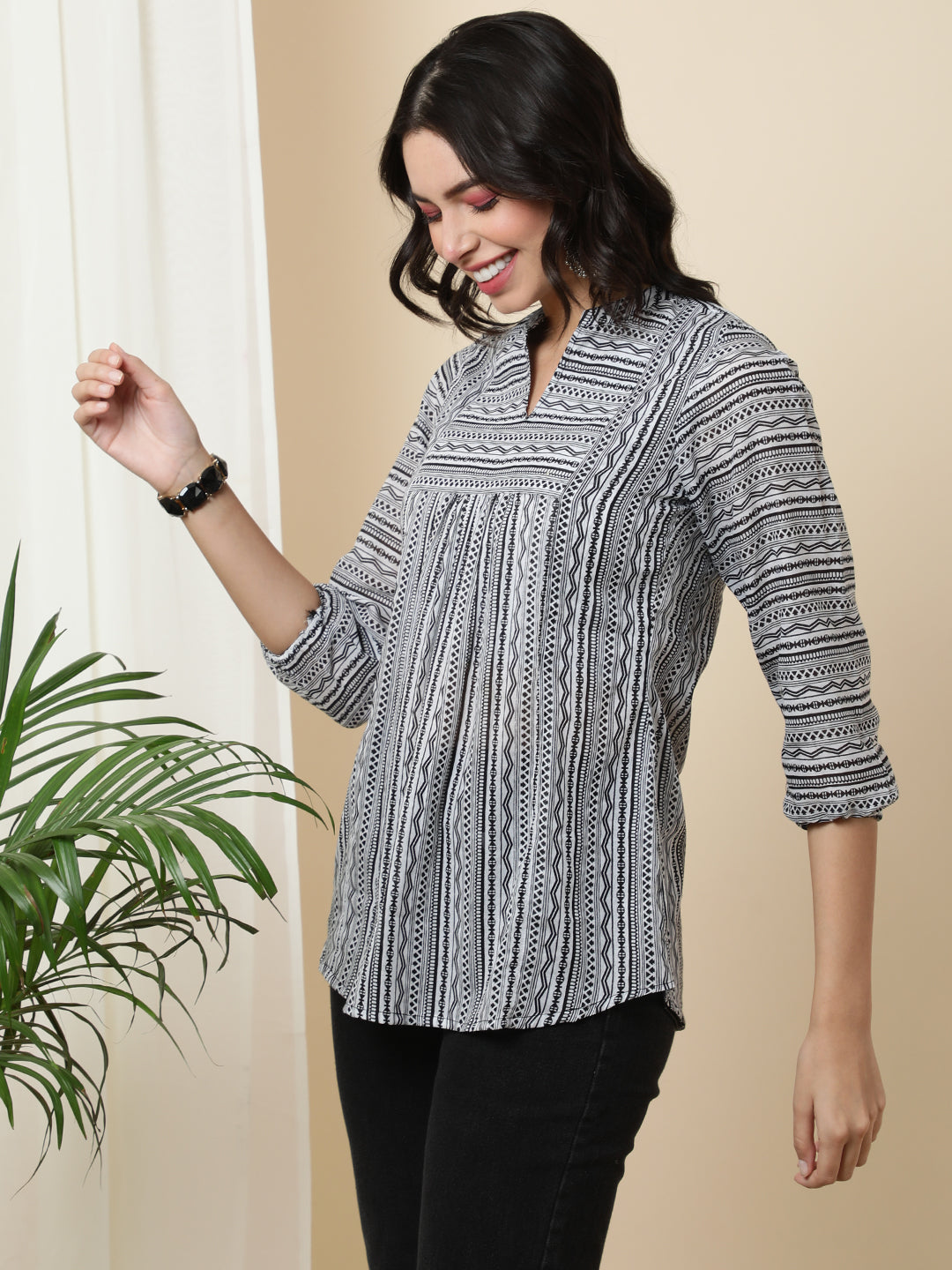 Rayon  Short Length Length Printed  3/4 Sleeve Mandarin  Top (Preorder)