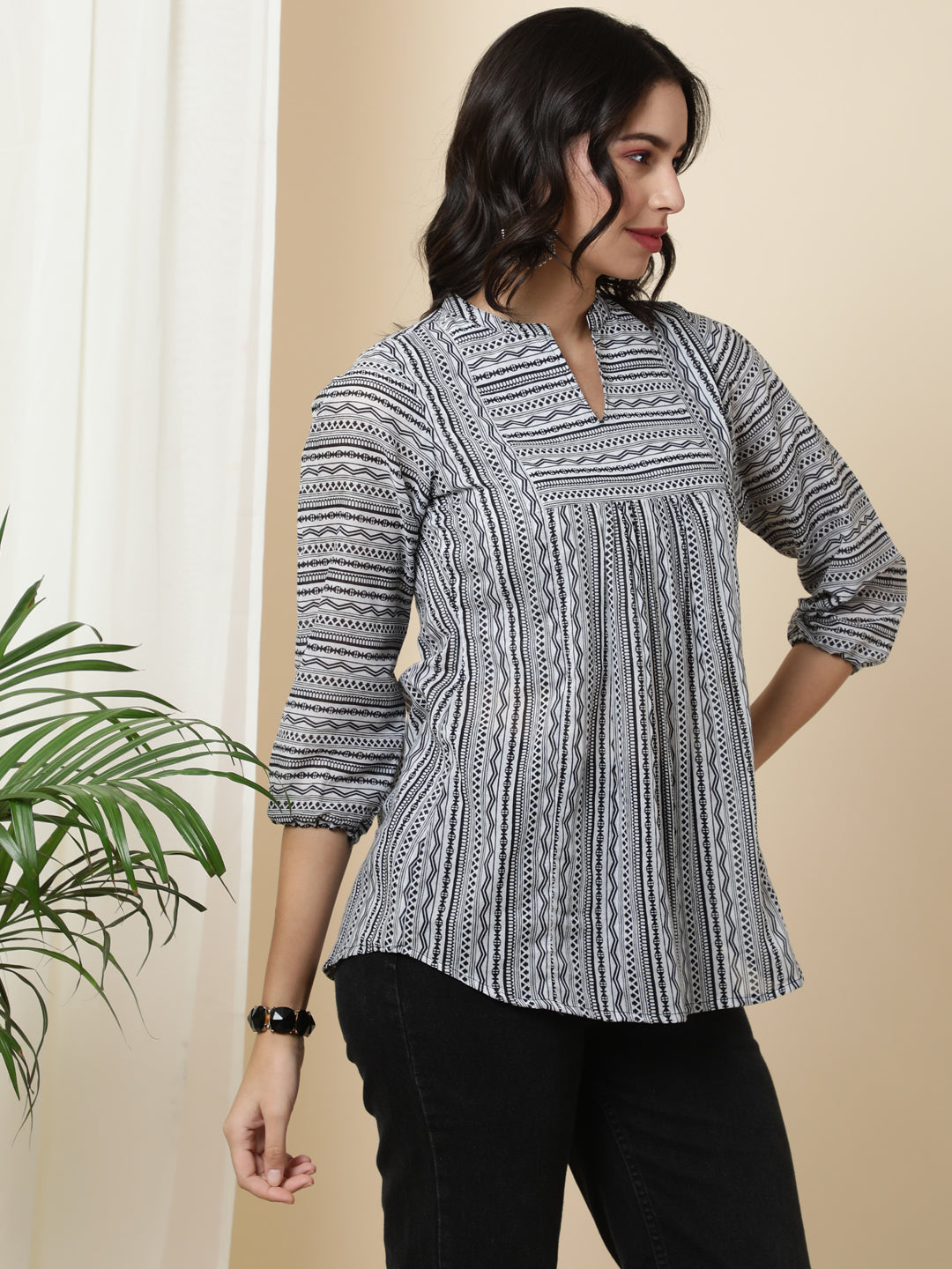 Rayon  Short Length Length Printed  3/4 Sleeve Mandarin  Top (Preorder)