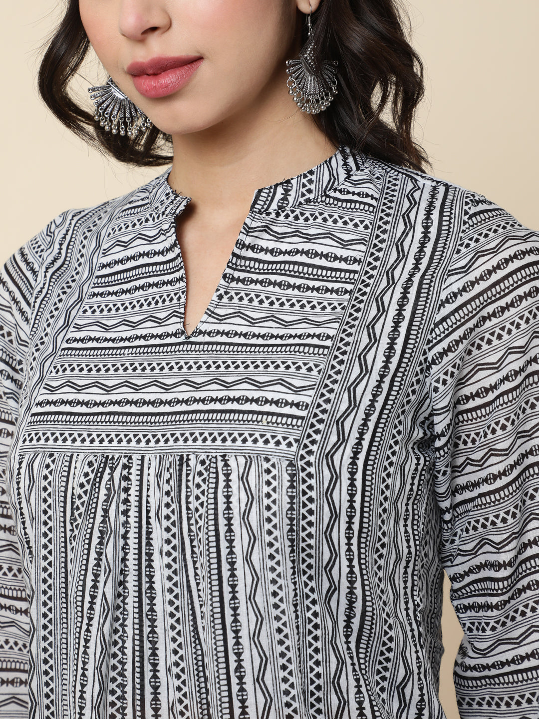 Rayon  Short Length Length Printed  3/4 Sleeve Mandarin  Top (Preorder)