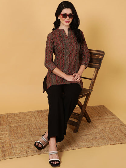 Cotton  Midi Length Printed Straight 3/4 Sleeves Coller Tunic