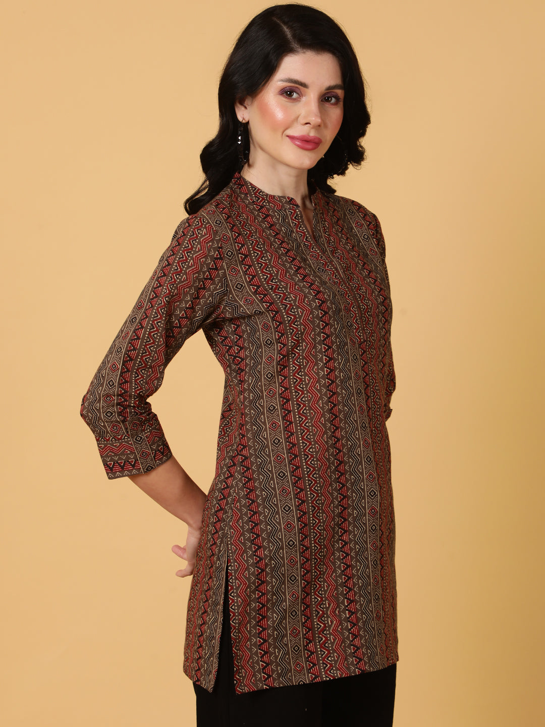 Cotton  Midi Length Printed Straight 3/4 Sleeves Coller Tunic (Preorder)