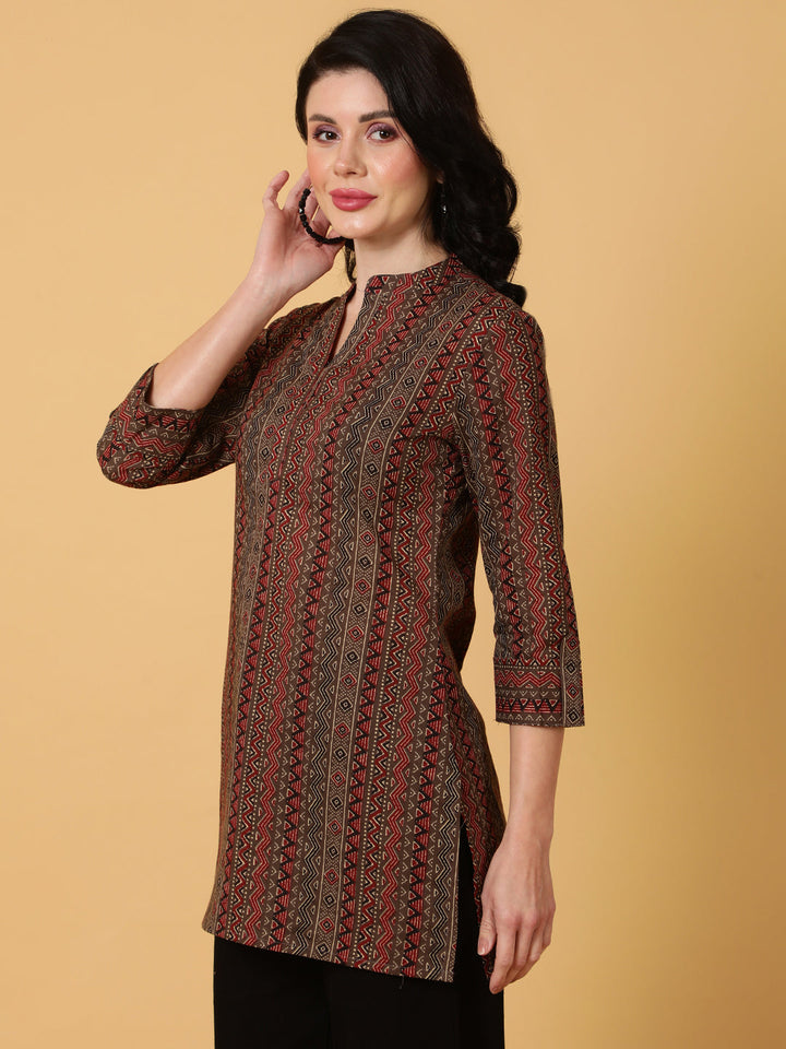 Cotton  Midi Length Printed Straight 3/4 Sleeves Coller Tunic