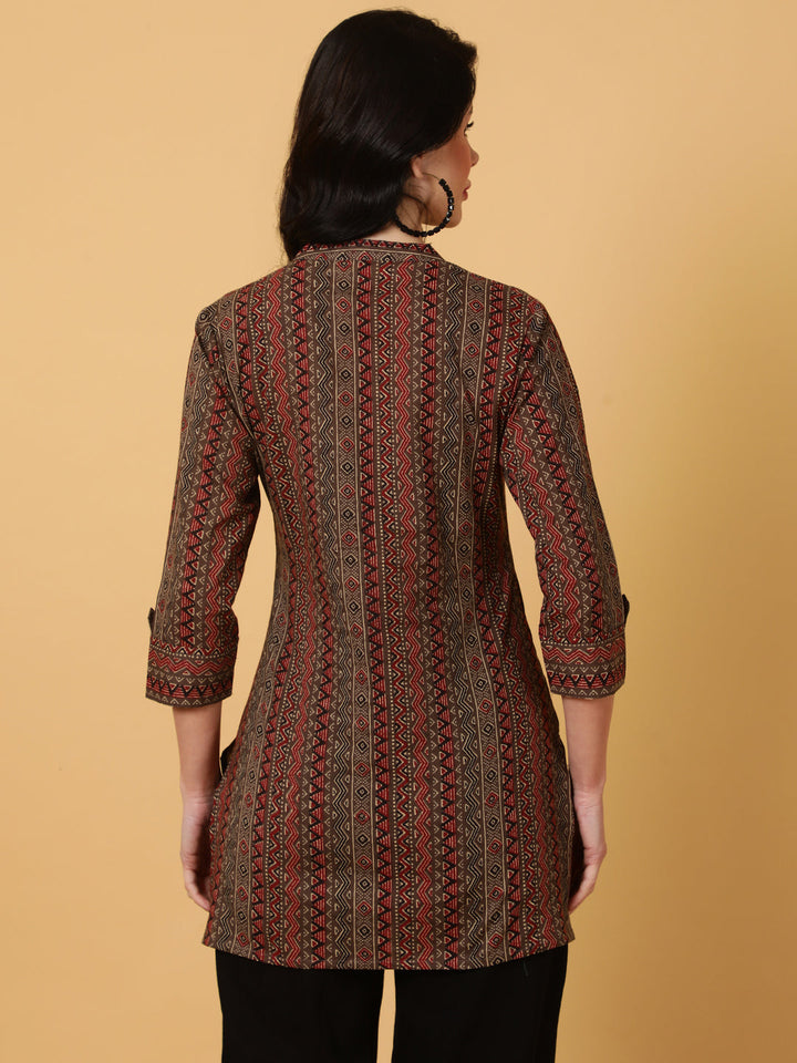 Cotton  Midi Length Printed Straight 3/4 Sleeves Coller Tunic
