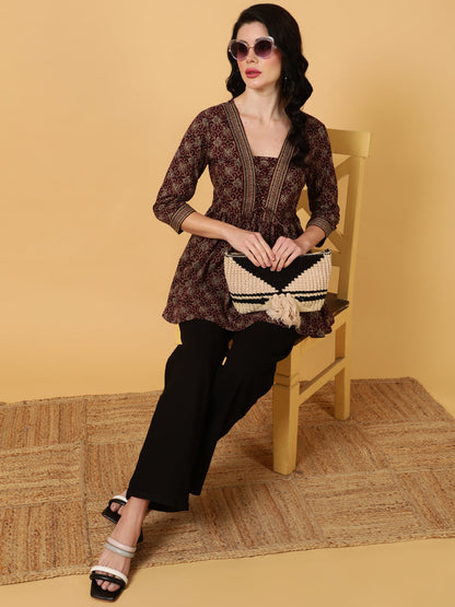 Cotton  Midi Length Printed Flared 3/4 Sleeves V-Neck Tunic