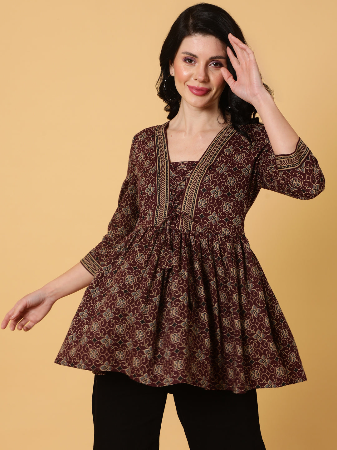 Cotton  Midi Length Printed Flared 3/4 Sleeves V-Neck Tunic