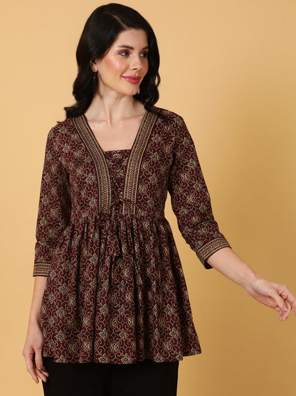 Cotton  Midi Length Printed Flared 3/4 Sleeves V-Neck Tunic