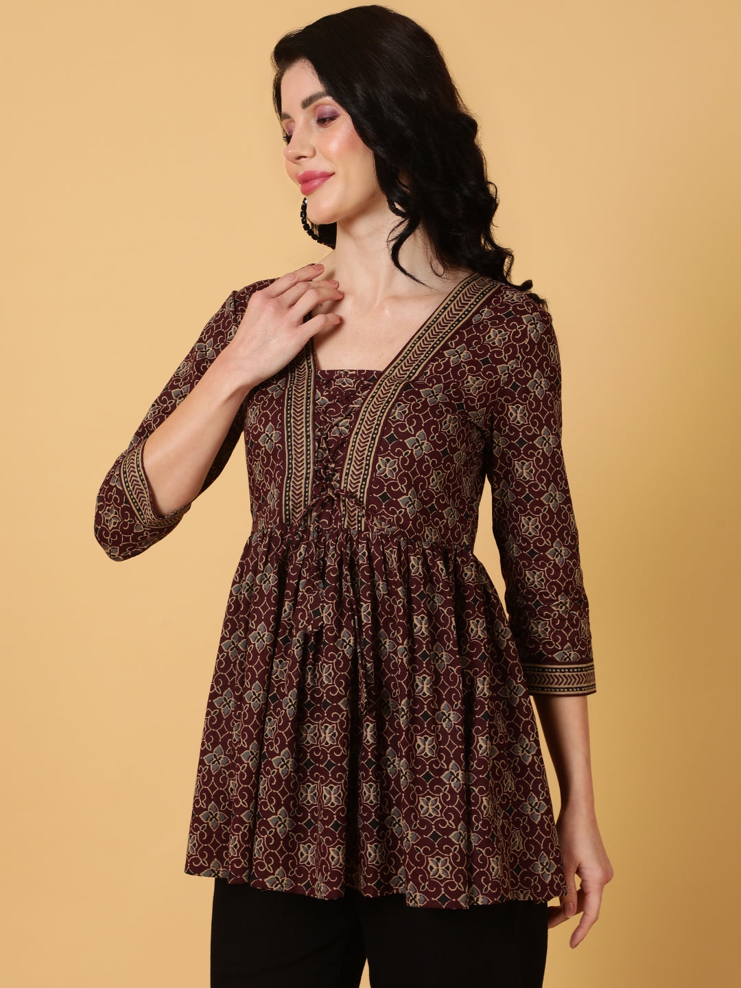 Cotton  Midi Length Printed Flared 3/4 Sleeves V-Neck Tunic
