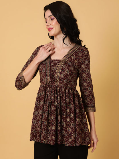 Cotton  Midi Length Printed Flared 3/4 Sleeves V-Neck Tunic (Preorder)