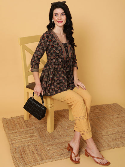 Rayon  Midi Length Printed Flared 3/4 Sleeves V-Neck Tunic