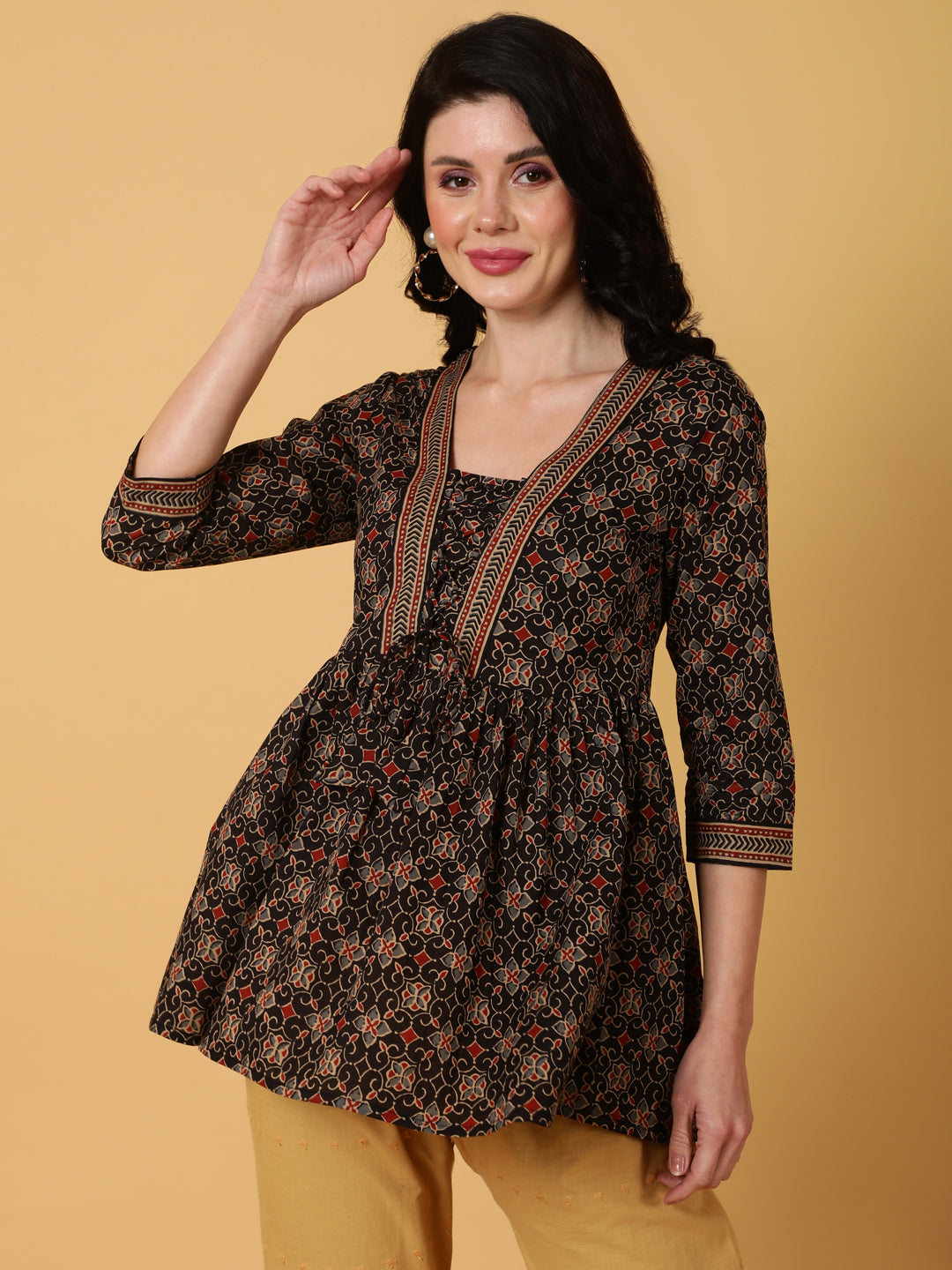 Rayon  Midi Length Printed Flared 3/4 Sleeves V-Neck Tunic