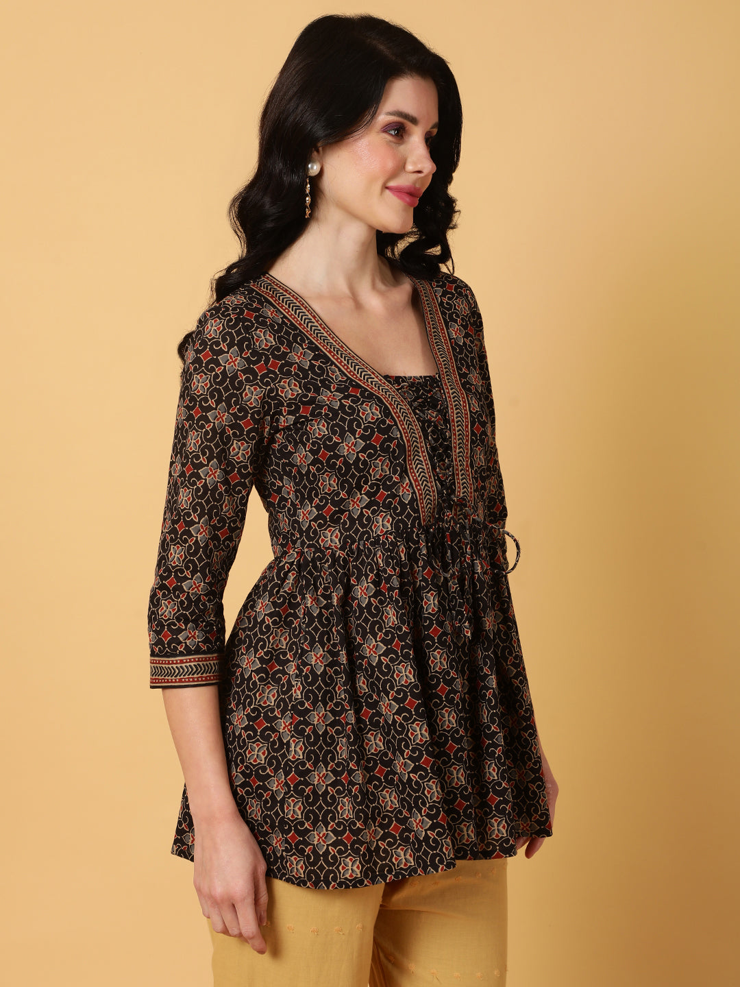 Rayon  Midi Length Printed Flared 3/4 Sleeves V-Neck Tunic