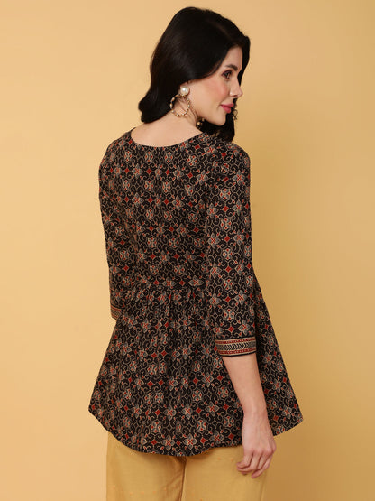 Rayon  Midi Length Printed Flared 3/4 Sleeves V-Neck Tunic