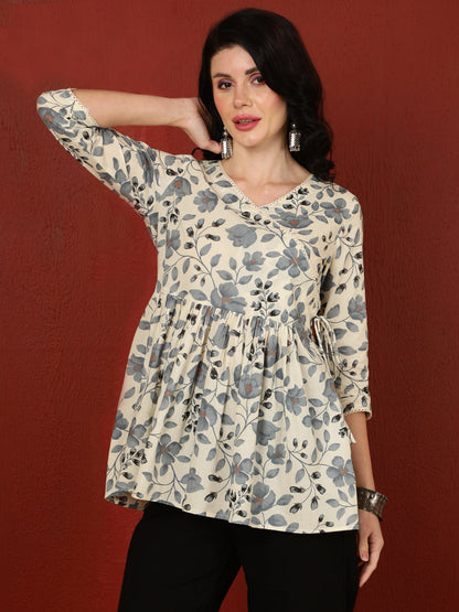 Rayon  Midi Length Printed Flared 3/4 Sleeves V-Neck Tunic (Preorder)