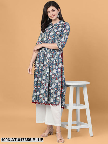 Printed Flared Calf Length 3/4 Sleeve Shirt Collar Neck Cotton Kurta