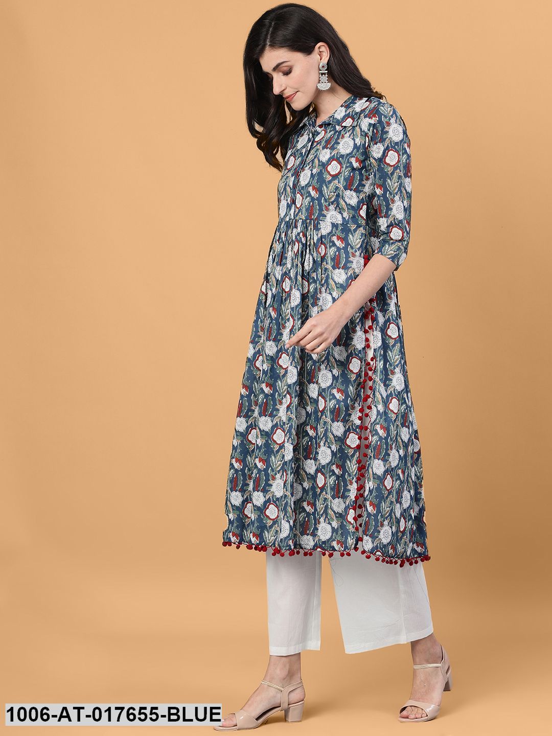 Printed Flared Calf Length 3/4 Sleeve Shirt Collar Neck Cotton Kurta