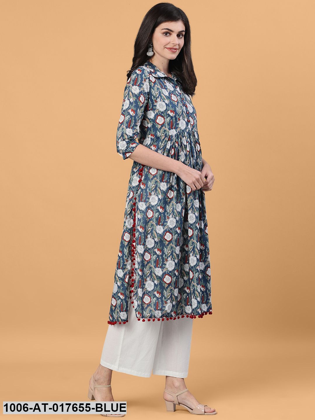 Printed Flared Calf Length 3/4 Sleeve Shirt Collar Neck Cotton Kurta