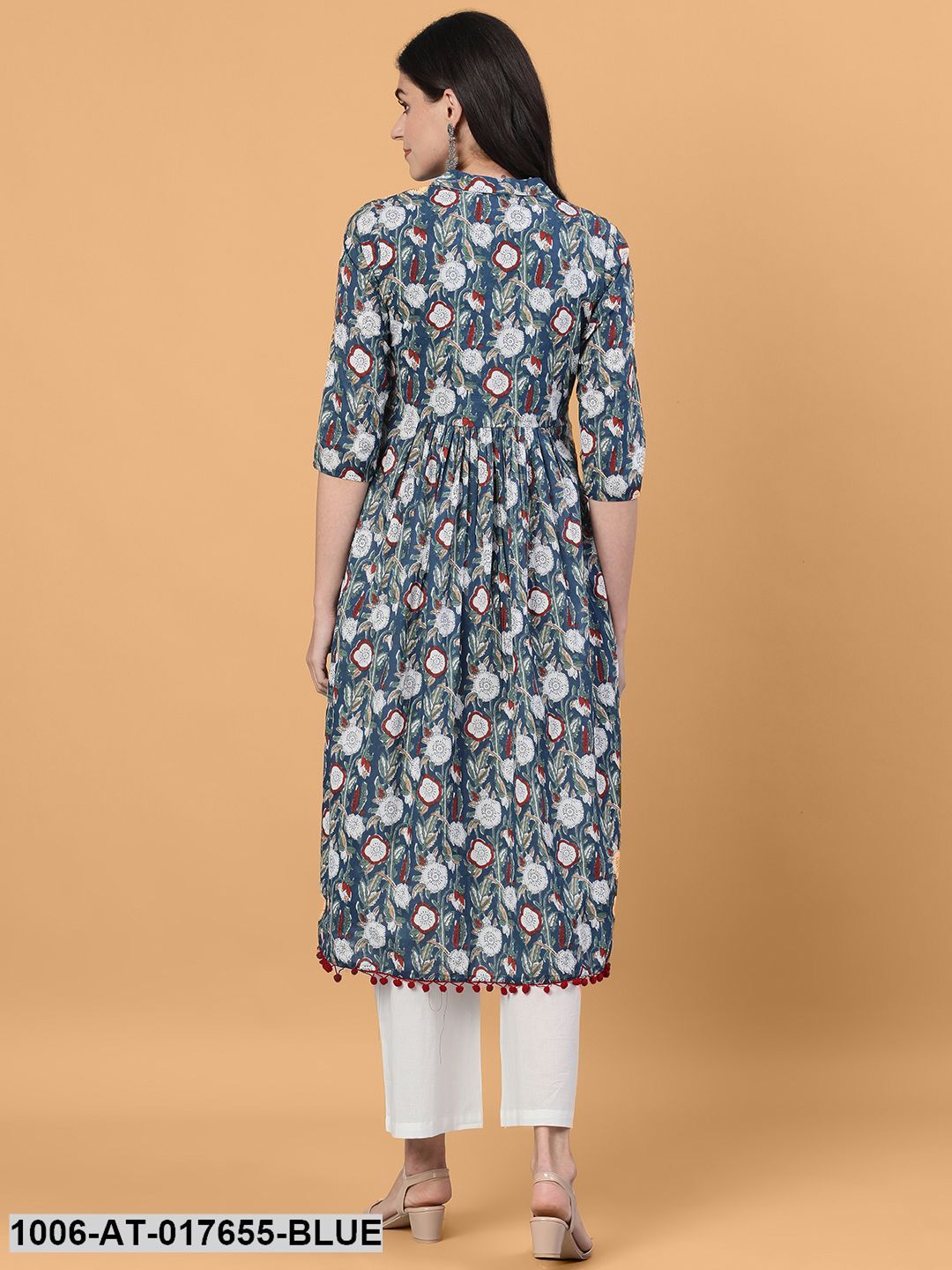 Printed Flared Calf Length 3/4 Sleeve Shirt Collar Neck Cotton Kurta