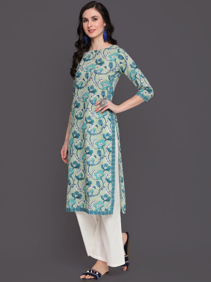 Printed Straight Calf Length 3/4 Sleeves Round Neck Cotton Kurta (Preorder)