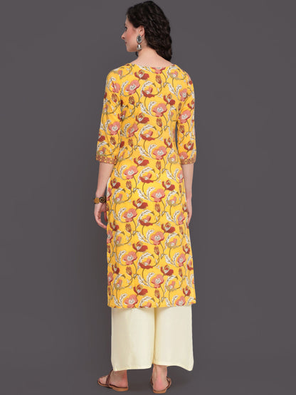 Printed Straight Calf Length 3/4 Sleeves Round Neck Cotton Kurta (Preorder)