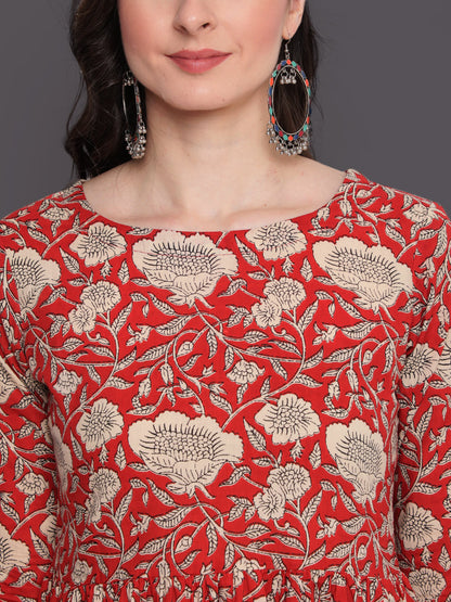Printed Flared Calf Length 3/4 Sleeves Round Neck Cotton Kurta Dress (Preorder)