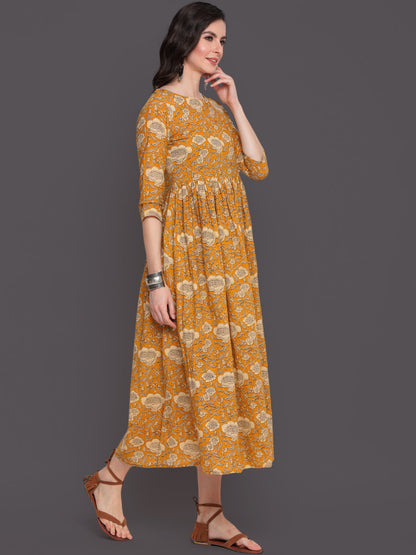 Printed Flared Calf Length 3/4 Sleeves Round Neck Cotton Kurta Dress (Preorder)