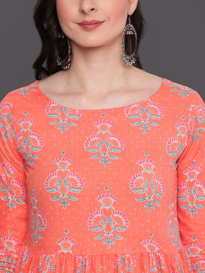 Printed Flared Calf Length 3/4 Sleeves Round Neck Cotton Kurta Dress (Preorder)