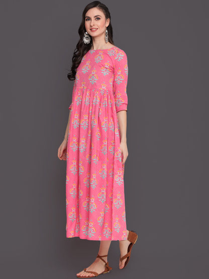 Printed Flared Calf Length 3/4 Sleeves Round Neck Cotton Kurta Dress (Preorder)