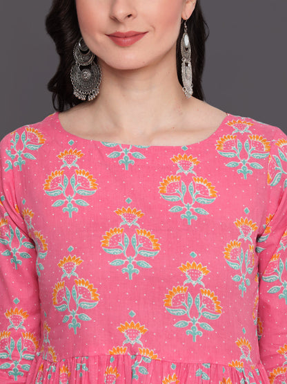 Printed Flared Calf Length 3/4 Sleeves Round Neck Cotton Kurta Dress (Preorder)