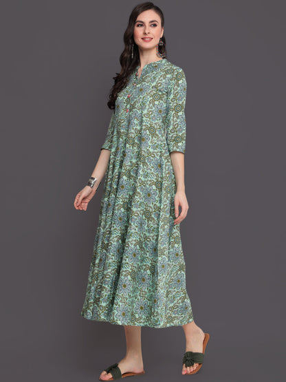 Printed Flared Calf Length 3/4 Sleeves Collor Neck Cotton Kurta (Preorder)