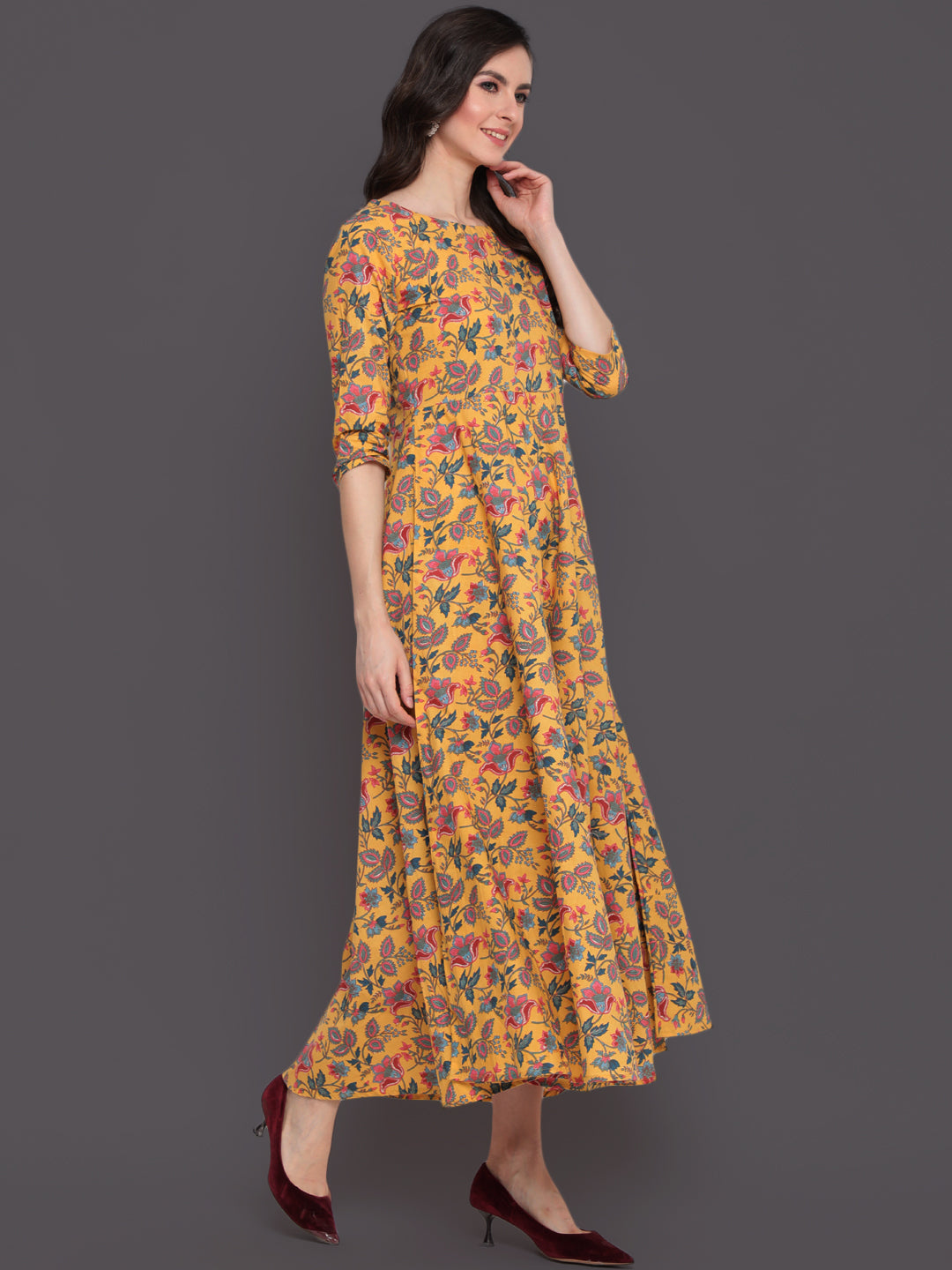 Printed Flared Ankle Length 3/4 Sleeves Round Neck Cotton Kurta (Preorder)