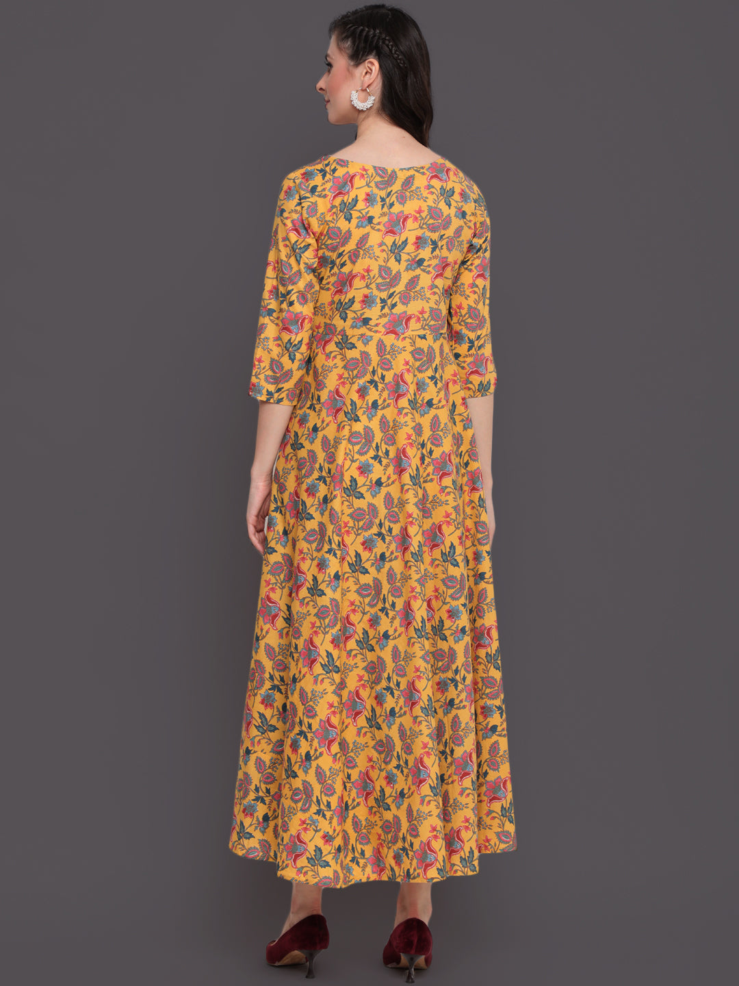 Printed Flared Ankle Length 3/4 Sleeves Round Neck Cotton Kurta (Preorder)