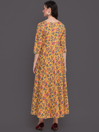 Printed Flared Ankle Length 3/4 Sleeves Round Neck Cotton Kurta (Preorder)