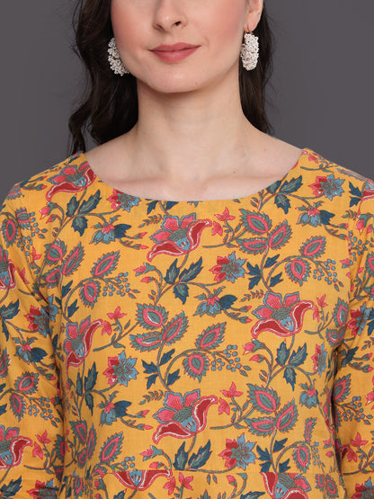 Printed Flared Ankle Length 3/4 Sleeves Round Neck Cotton Kurta (Preorder)