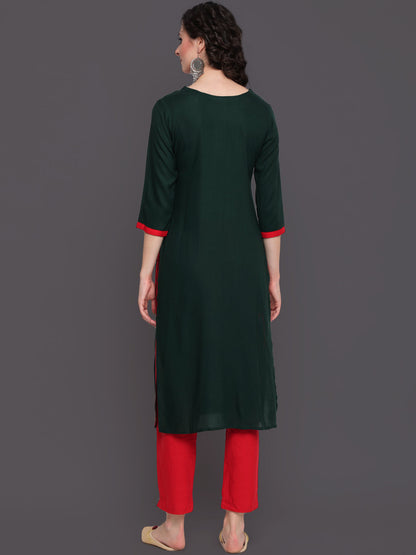 Embroidered Straight Calf Length 3/4 Sleeves Keywhole Neck Rayon Kurti (Preorder)