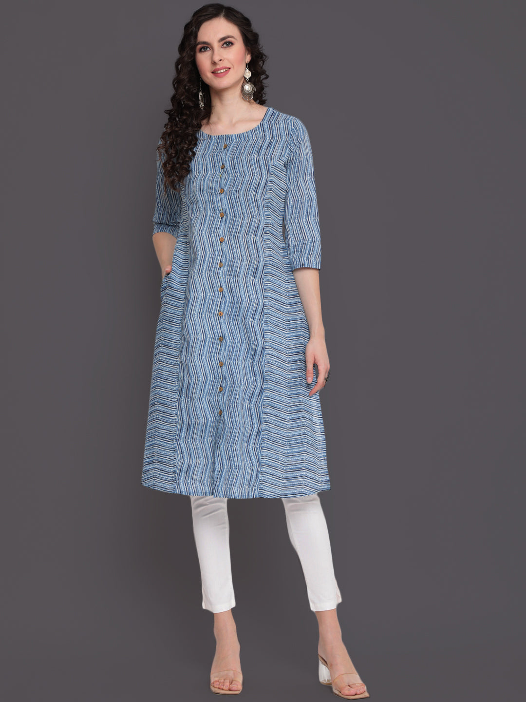 Indigo Printed Straight Calf Length 3/4 Sleeves Round Neck Cotton Kurta (Preorder)