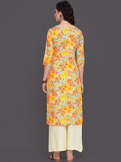 Printed Straight Calf Length 3/4 Sleeves Round Neck Cotton Slub Kurta (Preorder)