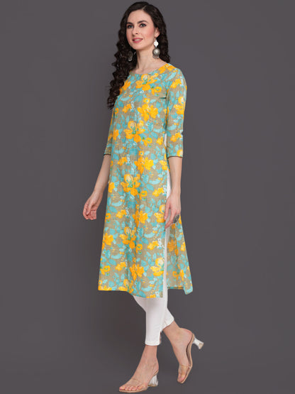 Printed Straight Calf Length 3/4 Sleeves Round Neck Cotton Slub Kurta (Preorder)