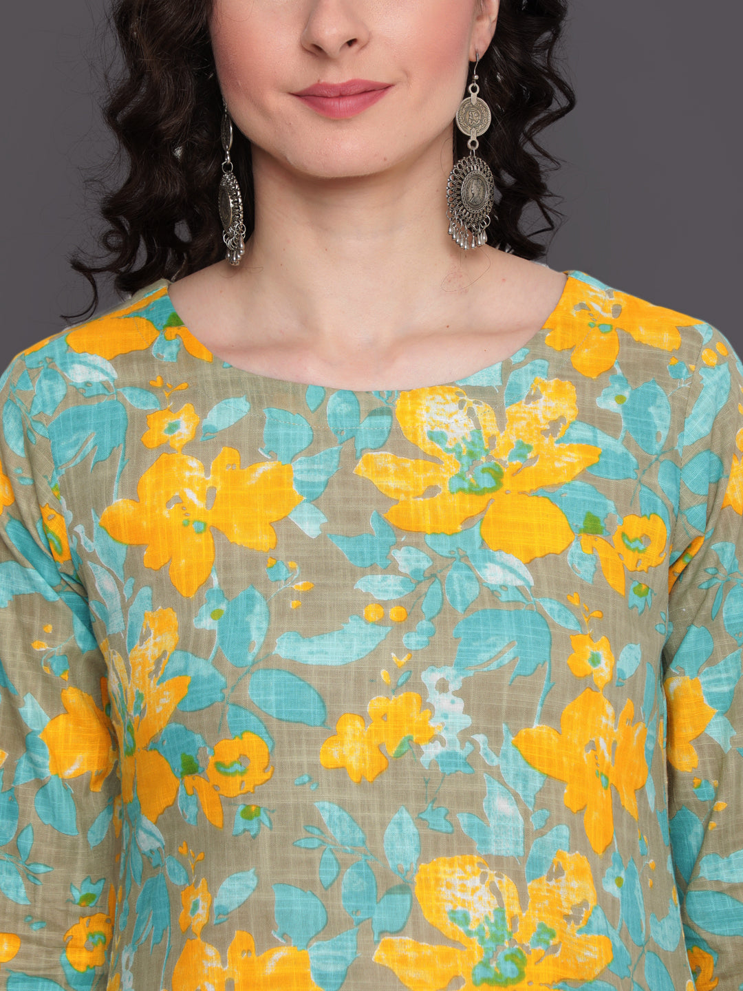 Printed Straight Calf Length 3/4 Sleeves Round Neck Cotton Slub Kurta (Preorder)